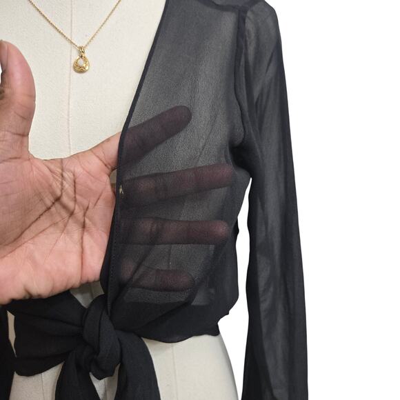 Tadashi Women Vtg Y2K Fairy Whimsigoth Sheer Black Flare Sleeve Tie Front Top 8 - Picture 6 of 12